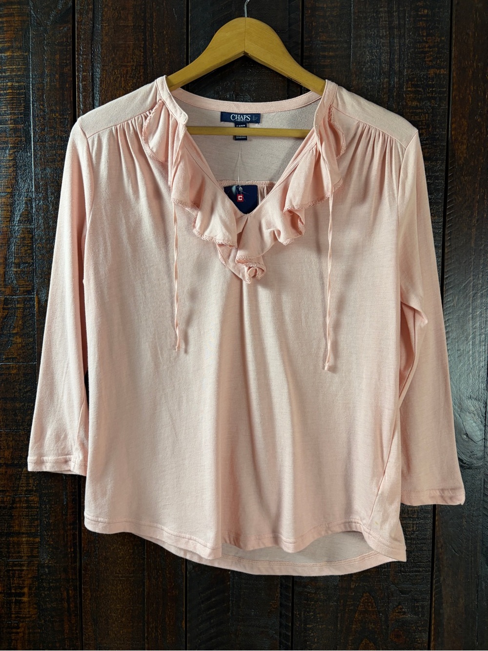 Chaps Women's Airy Light Pink Ruffle Tie Neck Top